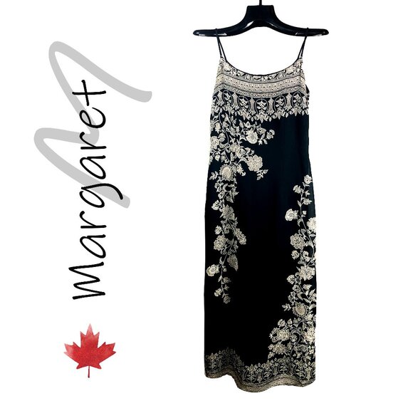 Margaret M made in Canada BOHO taupe cream black MAXI spaghetti strap dress 6 - Picture 1 of 7